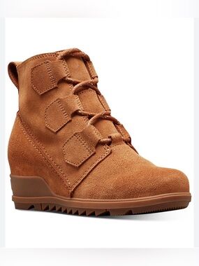 Sorel Evie Lace Wedge Boot in Soft Waterproof Cognac Suede Women’s Size 8